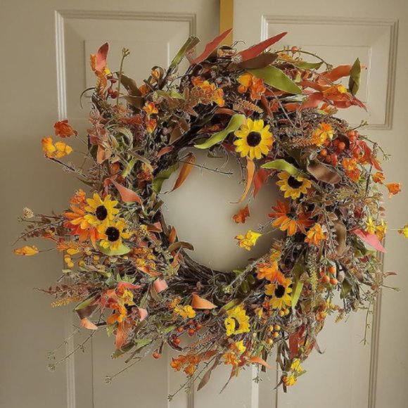 22" Autumn Front Door Wreath with Eucalyptus Leaf Daisies and Berry with Bag - Picture 2 of 6